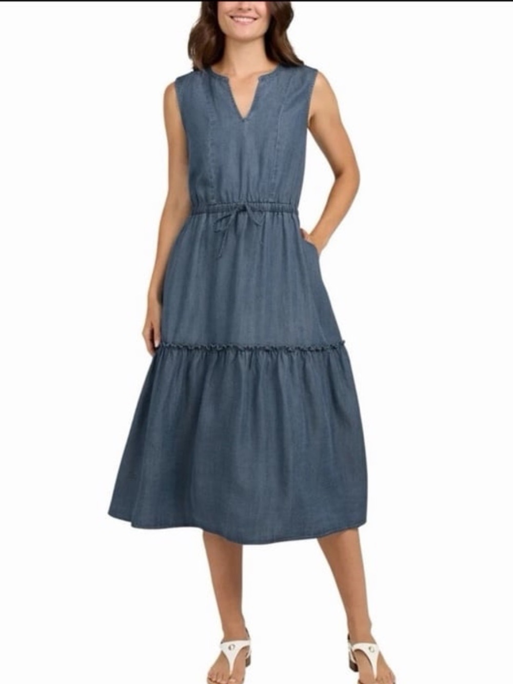 Lands' End Lyocel Tiered Midi Dress Sleeveless Denim Blue Size L Vneck pockets